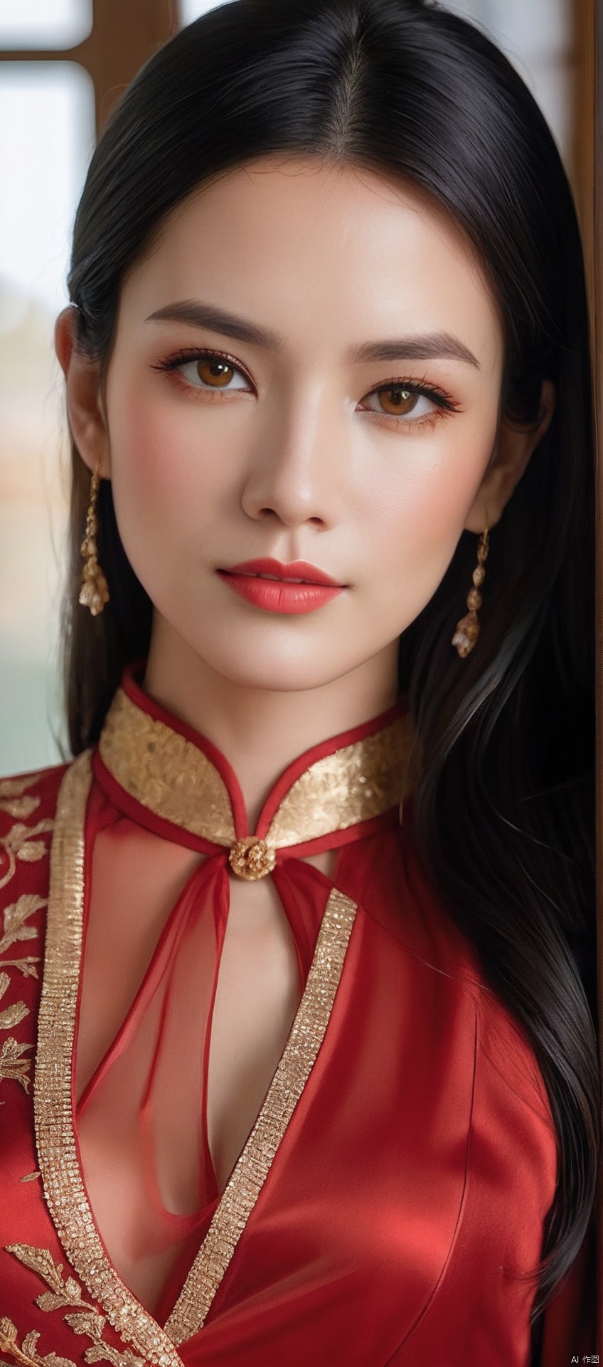 8k,RAW, Fujifilm XT3, masterpiece, best quality, photorealistic,1girl,solo, diamond stud earrings, long straight black hair, hazel eyes, serious expression, slender figure, wearing a red and gold blouse,red and gold dress,(upper body shot), (upper body view),dodger red and gold see through clothes,red and gold transparent shawl,beautiful symmetrical face,in the style of elegant clothing,high heels,g002,g001,