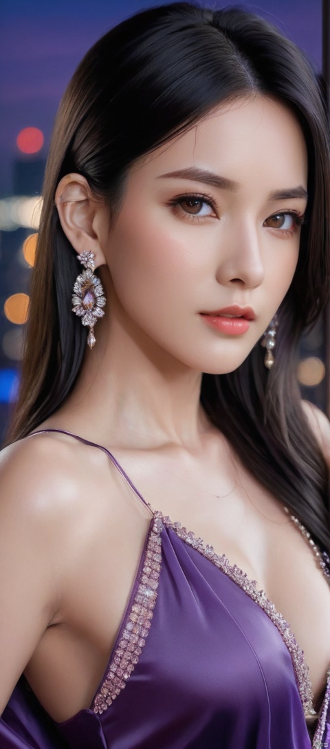 8k,RAW, Fujifilm XT3, masterpiece, best quality, photorealistic of 1girl ,solo, diamond stud earrings, long straight black hair, hazel eyes, serious expression, slender figure, wearing a purple blouse, standing against a city skyline at night,masterpiece,1girl,purple dress,(upper body shot), (upper body view),best quality,long hair, black hair,dodger see through clothes,purple transparent shawl,earrings,beautiful symmetrical face,in the style of elegant clothing,skin white and smooth,high heels,g001,