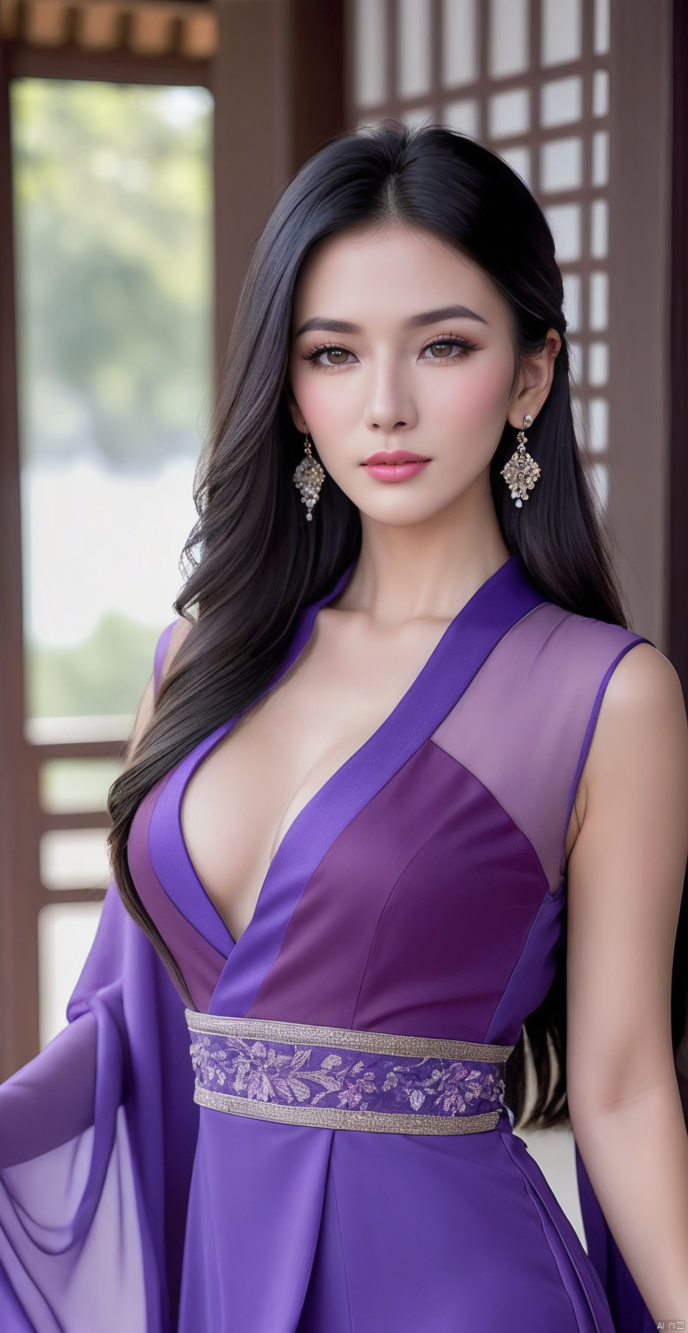 8k,RAW, Fujifilm XT3, masterpiece, best quality, photorealistic of 1girl ,solo, diamond stud earrings, long straight black hair, hazel eyes, serious expression, slender figure, wearing a purple blouse,masterpiece,1girl,purple dress,(upper body shot:0.7), (upper body view),best quality,long hair, black hair,purple transparent shawl,earrings,beautiful symmetrical face,in the style of elegant clothing,skin white and smooth,high heels,purple hanfu,hanfu,