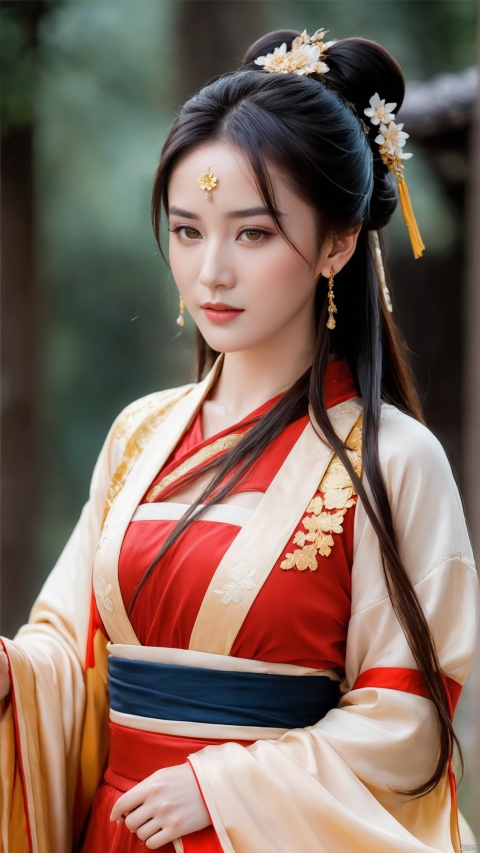  1girl,sole_female,looking at viewer,standing,red and gold,
((upper_body:0.9)),full breasts, (medium breasts),long hair,eyes,Colored pupil,earrings,jewelry,earrings,jewelry, face focus, (perfect face), shiny skin, 
red and gold dress,(cloud pattern print hanfu), hanfu, 
forest, night background,metal,water, wet, 
masterpiece, best quality,depth of field, cinematic composition, best lighting,light master,RAW photo, dslr, film grain, Fujifilm XT3, night shot, light master,Hosino, Face Score, MAJICMIX STYLE, daxiushan,daxiushan style,hanfu,