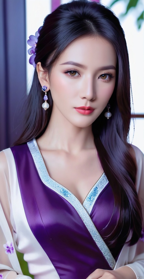 8k,RAW, Fujifilm XT3, masterpiece, best quality, photorealistic of 1girl ,solo, diamond stud earrings, long straight black hair, hazel eyes, serious expression, slender figure, wearing a purple blouse,masterpiece,1girl,purple dress,(upper body shot:0.7), (upper body view),best quality,long hair, black hair,purple transparent shawl,earrings,beautiful symmetrical face,in the style of elegant clothing,skin white and smooth,high heels,purple hanfu,hanfu,g007