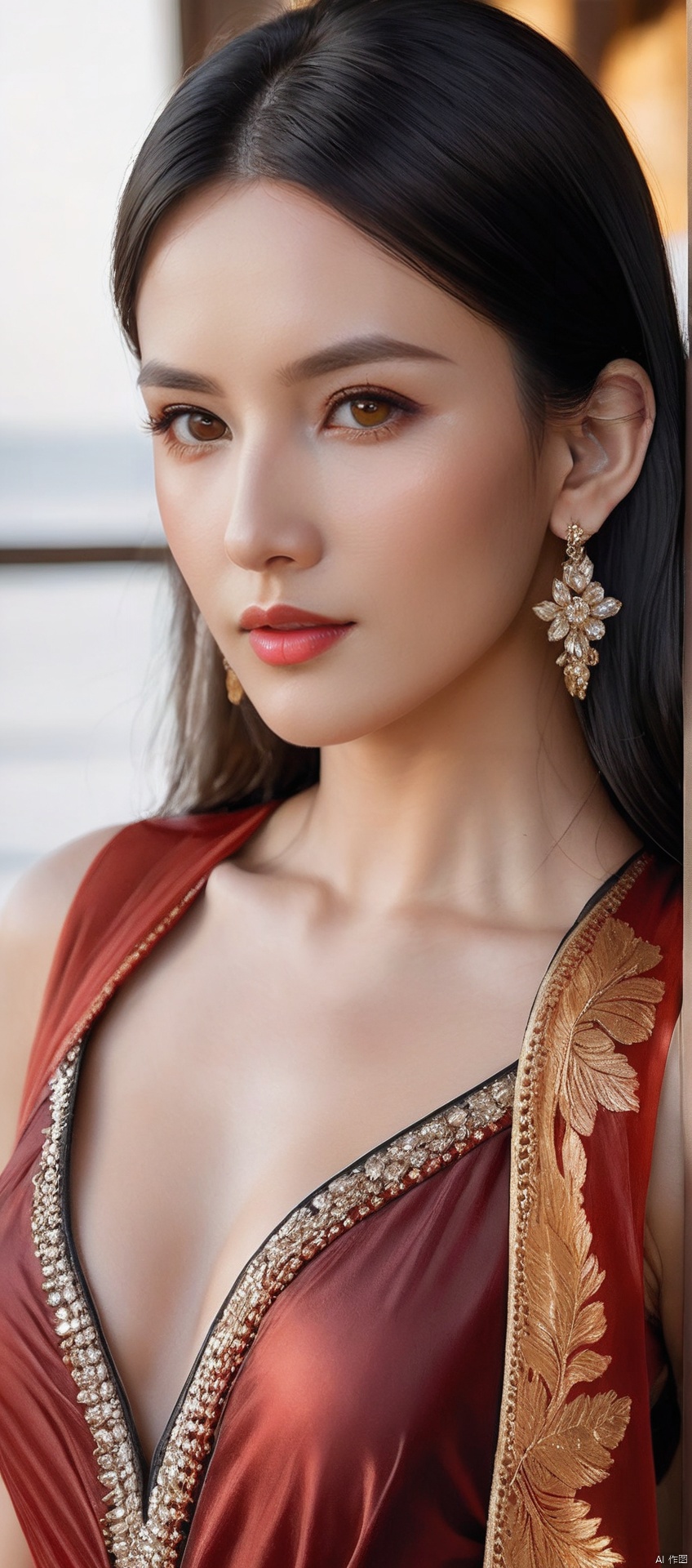 8k,RAW, Fujifilm XT3, masterpiece, best quality, photorealistic,1girl,solo, diamond stud earrings, long straight black hair, hazel eyes, serious expression, slender figure,(upper body shot), (upper body view),dodger red and gold see through dress,red and gold transparent shawl,beautiful symmetrical face,in the style of elegant clothing,high heels,g002,g001,