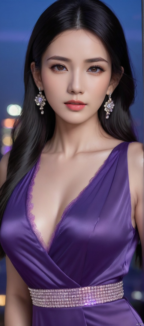 8k,RAW, Fujifilm XT3, masterpiece, best quality, photorealistic of 1girl ,solo, diamond stud earrings, long straight black hair, hazel eyes, serious expression, slender figure, wearing a purple blouse, standing against a city skyline at night,masterpiece,1girl,purple dress,(upper body shot), (upper body view),best quality,long hair, black hair,dodger see through clothes,purple transparent shawl,earrings,beautiful symmetrical face,in the style of elegant clothing,skin white and smooth,high heels,g001,