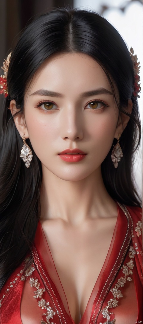  8k,RAW, Fujifilm XT3, masterpiece, best quality, photorealistic,1girl,solo, diamond stud earrings, long straight black hair, hazel eyes, serious expression, slender figure,(upper body shot), (upper body view),dodger red see through dress,red transparent shawl,beautiful symmetrical face,in the style of elegant clothing,high heels,g002,g001,