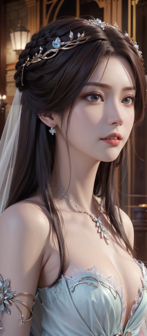  1girl, masterpiece, (medium breasts), ((upper body:0.7)),best quality, ultra-detailed, high resolution, extremely detailed cg, anime picture, unity 8k wallpaper, nice hands, perfect hands, perfect body, pov, (tachibana arisu), bridge, brown hair, smug smile, detailed and beautiful arrogant bridal gown, wedding veil, multiple poses, multiple angle, (detailed and beautiful face and eyes:1.4, gleaming skin, shiny hair, detailed and beautiful shiny clothes), wedding hall