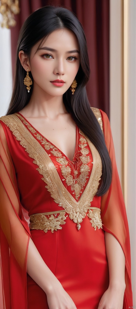 8k,RAW, Fujifilm XT3, masterpiece, best quality, photorealistic,1girl,solo, diamond stud earrings, long straight black hair, hazel eyes, serious expression, slender figure, wearing a red and gold blouse,red and gold dress,(upper body shot), (upper body view),dodger red and gold see through clothes,red and gold transparent shawl,beautiful symmetrical face,in the style of elegant clothing,high heels,g002,