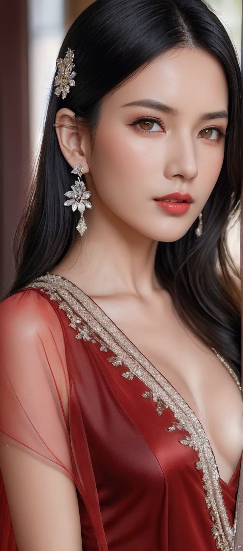  8k,RAW, Fujifilm XT3, masterpiece, best quality, photorealistic,1girl,solo, diamond stud earrings, long straight black hair, hazel eyes, serious expression, slender figure,(upper body shot), (upper body view),dodger red see through dress,red transparent shawl,beautiful symmetrical face,in the style of elegant clothing,high heels,g002,g001,