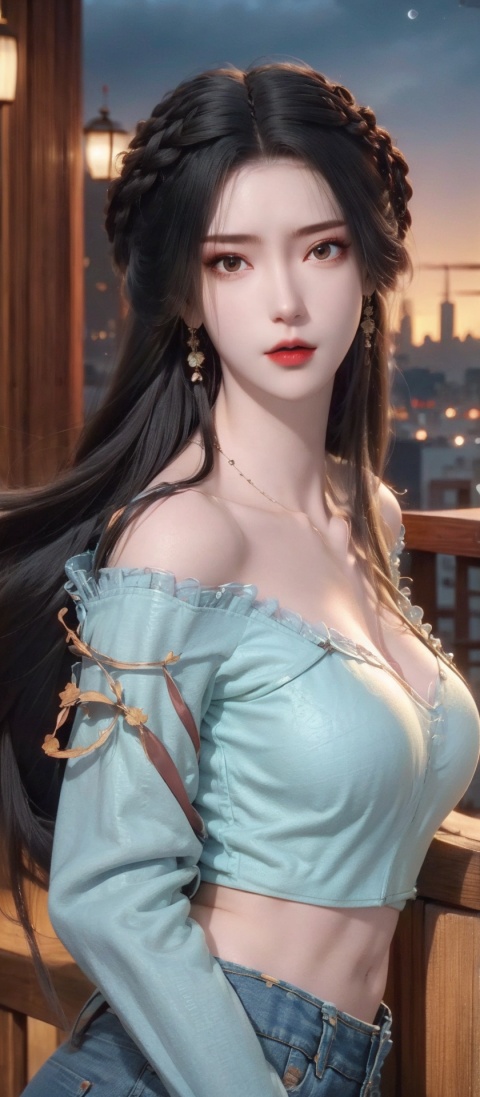  (((1 girl))), (medium breasts),((upper body:1)),1girl, breasts, solo, black hair, navel, jeans, denim, pants, cityscape, sweater, night, long hair, hand on own chest, large breasts, midriff, sitting, looking at viewer, white sweater, sky, night sky, off shoulder, railing, city, city lights, outdoors, lips, arm support, cleavage, collarbone, long sleeves, crop top,jiangli,girl