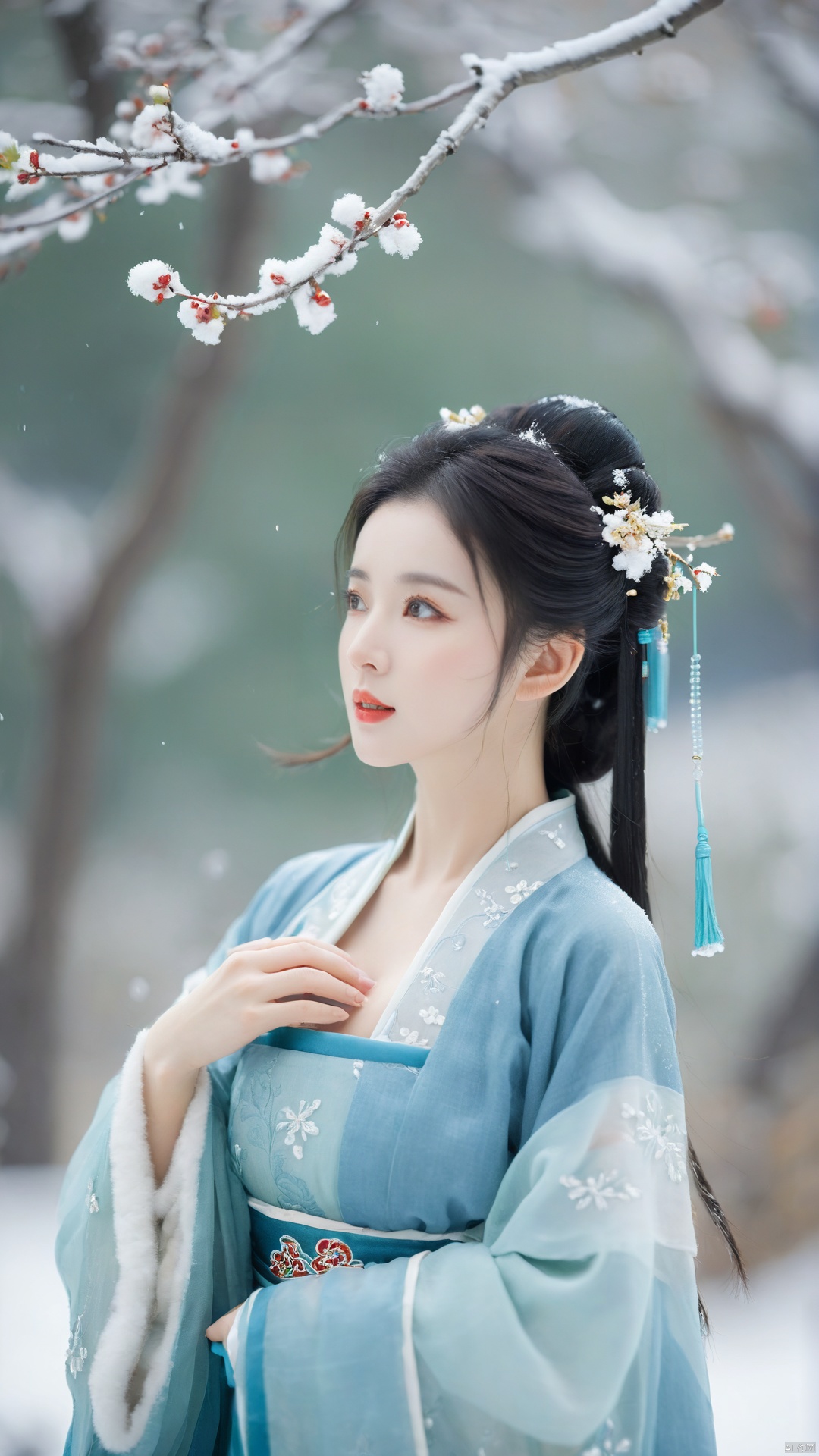  upper body,hanfu dress,big breasts, a beautiful girl is standing,The Han costume of the Song Dynasty, the whole body,Flower basket,beautiful face,be affectionate,long eyelashes,high nose,Song Dynasty Hanfu, Winter, snowy days, snowfall, snow on tree tops, snow on the ground,gentle depth of field and soft bokeh,Capture the image as if it were taken on an 35mm film for added charm, looking at viewer,35mm photograph,The main color tone of the screen is blue, with a film style (aperture: f/1.4, ISO-100, focal length: 35mm), Full body, denim lens,film, bokeh, professional, 4k, highly detailed, MAJICMIX STYLE, light master, (big breasta:1.79),