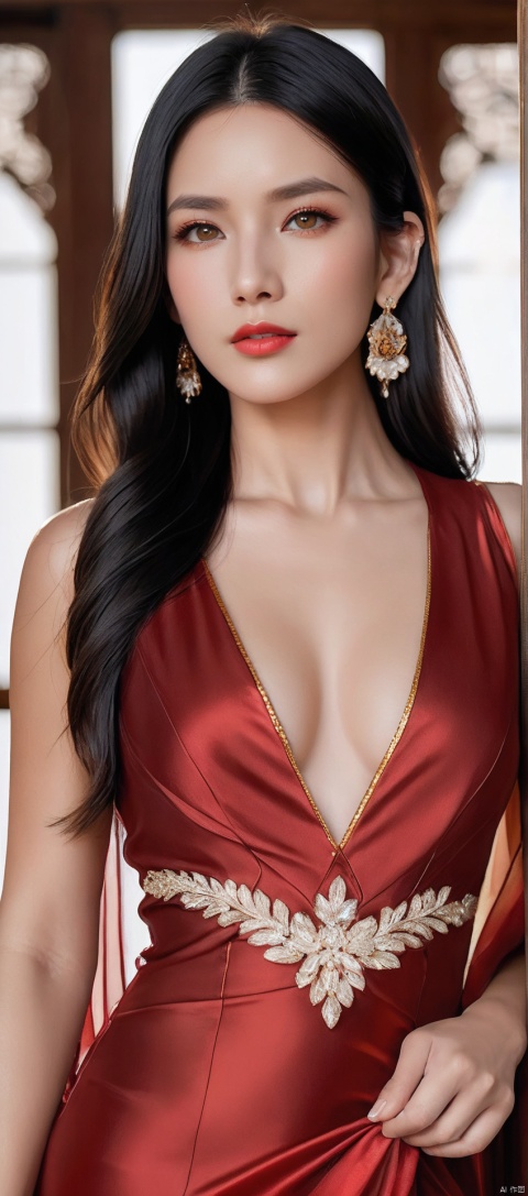 8k,RAW, Fujifilm XT3, masterpiece, best quality, photorealistic,1girl,solo, diamond stud earrings, long straight black hair, hazel eyes, serious expression, slender figure, wearing a red and gold dress,(upper body shot), (upper body view),dodger red and gold see through clothes,red and gold transparent shawl,beautiful symmetrical face,in the style of elegant clothing,high heels,g002,g001,