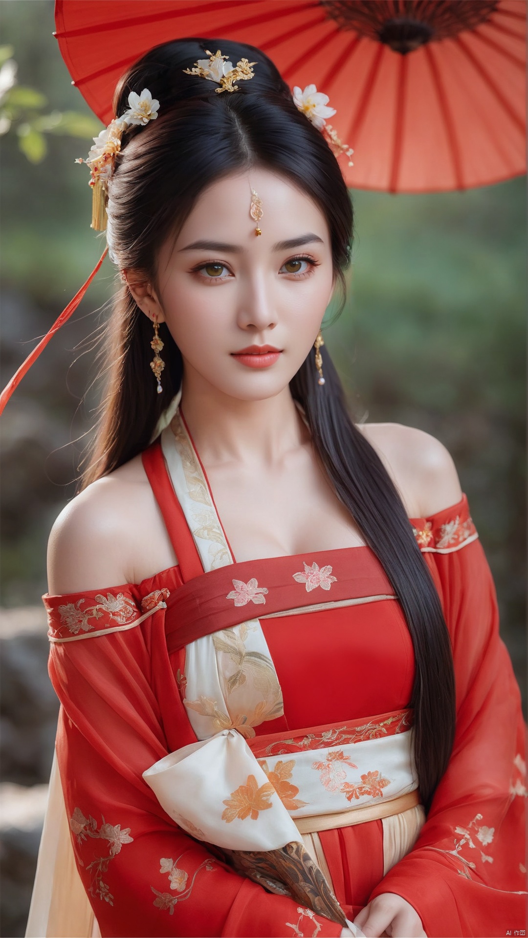  1girl,****_female,looking at viewer,standing,
((upper_body:0.9)),full breasts, (medium breasts),long hair,eyes,Colored pupil,earrings,jewelry,earrings,jewelry, face focus, (perfect face), shiny skin, 
red dress,(cloud pattern print hanfu), hanfu, 
forest, night background,metal,water, wet, 
masterpiece, best quality,depth of field, cinematic composition, best lighting,light master,RAW photo, dslr, film grain, Fujifilm XT3, night shot, light master,Hosino, Face Score, MAJICMIX STYLE, daxiushan,daxiushan style,hanfu,upper body,walking,looking at viewer, masterpiece,32k,extremely detailed CG unity 8k wallpaper, best quality, vibrant colors, break, china goddess,1girl, long hair, black hair,dodger red and gold see through clothes, off shoulder,transparent shawl,