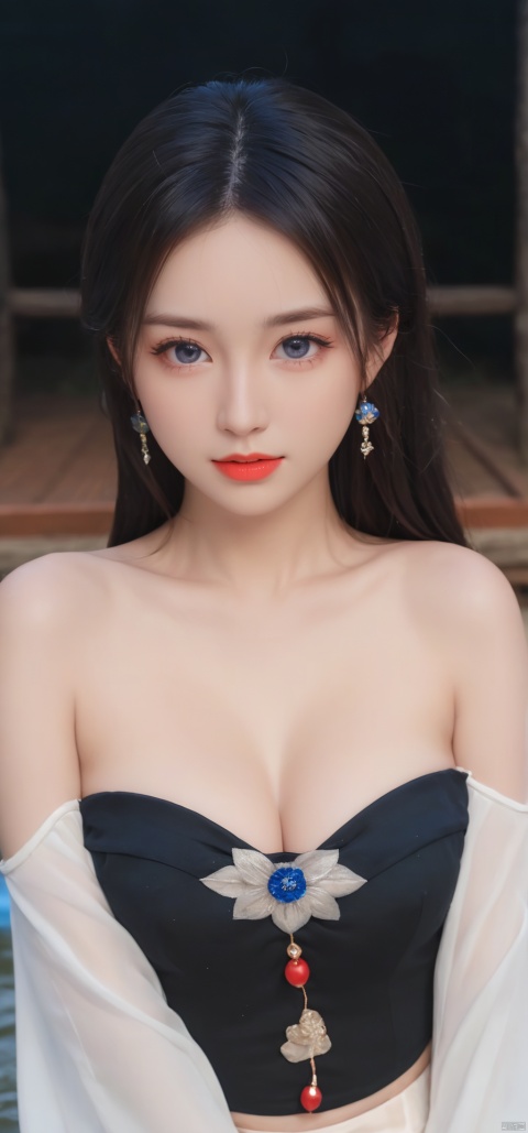  1girl,(((face focus))), sole_female,standing,red,black,daxiushan,daxiushan style,hanfu,
((upper_body:0.7)),full breasts, (((larger breasts:1.2))),long hair,blue eyes,Redlips,red lipstick,Colored pupil,earrings,jewelry,(perfect face), shiny skin, 
(china jiangnan water town style),water, wet, 
masterpiece, best quality,depth of field, cinematic composition, best lighting,light master,RAW photo, dslr, film grain, Fujifilm XT3, night shot, light master,