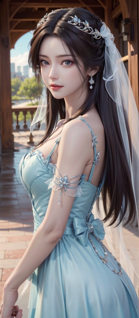  1girl, masterpiece, (medium breasts), ((upper body:0.7)),best quality, ultra-detailed, high resolution, extremely detailed cg, anime picture, unity 8k wallpaper,  perfect body, pov, (tachibana arisu), bridge, brown hair, smug smile, detailed and beautiful arrogant bridal gown, wedding veil, multiple poses, multiple angle, (detailed and beautiful face and eyes:1.4, gleaming skin, shiny hair, detailed and beautiful shiny clothes), wedding hall
