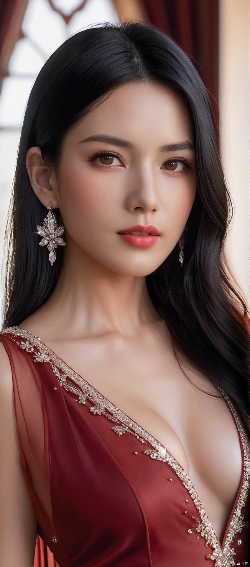 8k,RAW, Fujifilm XT3, masterpiece, best quality, photorealistic,1girl,solo, diamond stud earrings, long straight black hair, hazel eyes, serious expression, slender figure,(upper body shot), (upper body view),dodger red see through dress,red transparent shawl,beautiful symmetrical face,in the style of elegant clothing,high heels,g002,g001,