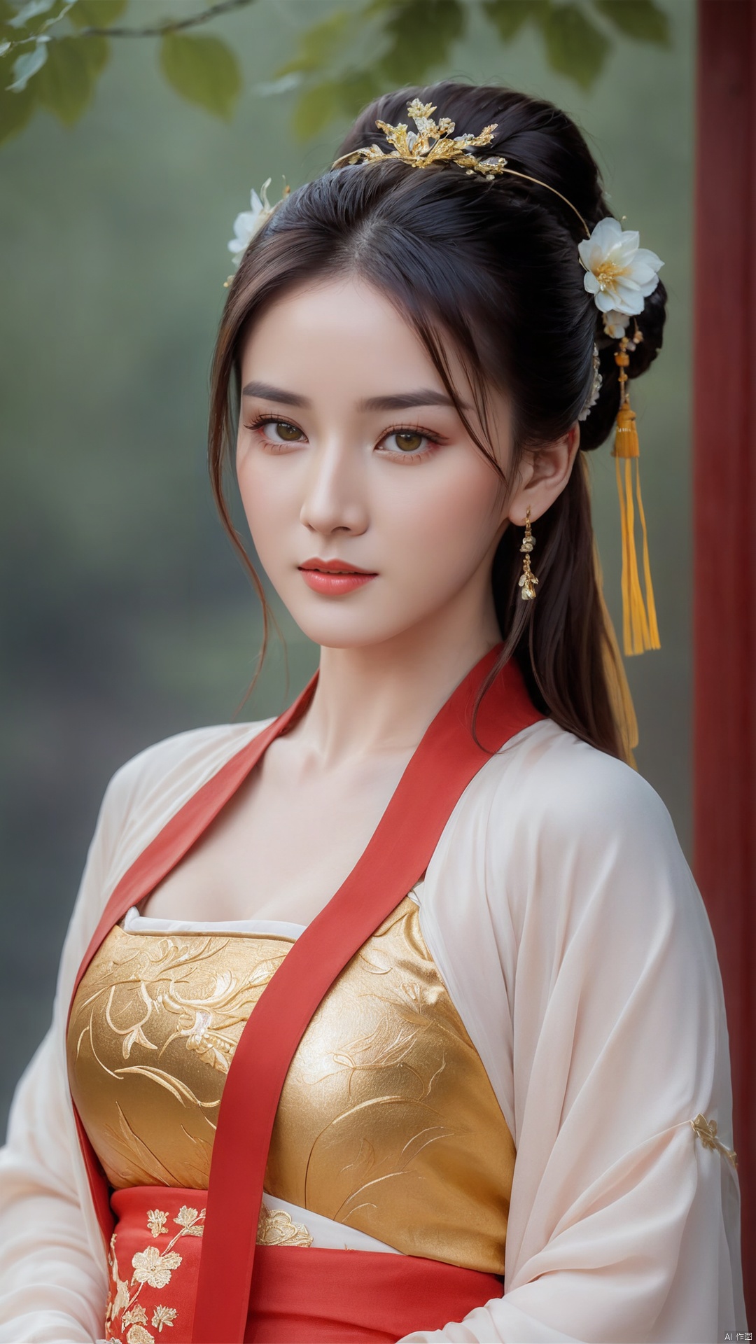  1girl,****_female,looking at viewer,standing,red and gold,
((upper_body:0.9)),full breasts, (medium breasts),long hair,eyes,Colored pupil,earrings,jewelry,earrings,jewelry, face focus, (perfect face), shiny skin, 
red and gold dress,(cloud pattern print hanfu), hanfu, 
forest, night background,metal,water, wet, 
masterpiece, best quality,depth of field, cinematic composition, best lighting,light master,RAW photo, dslr, film grain, Fujifilm XT3, night shot, light master,Hosino, Face Score, MAJICMIX STYLE, daxiushan,daxiushan style,hanfu,