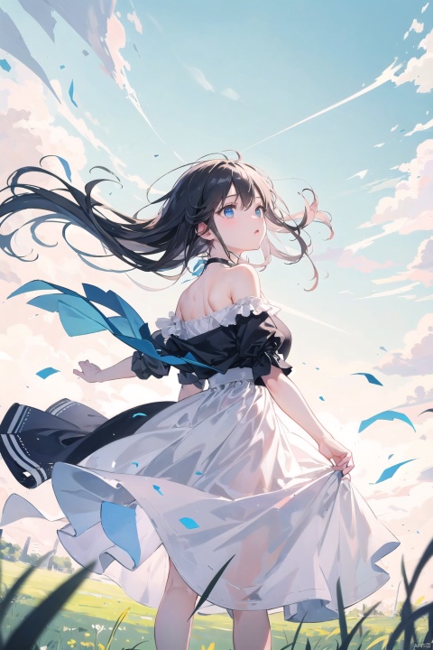  masterpiece,A girl in a flowing dress standing on a grassy field, looking up towards the sky. The scene captures her in a moment of wonder and awe as a plane flies overhead, leaving a trail of white against the blue sky. The girl's expression is one of curiosity and fascination, her eyes following the path of the plane with a sense of freedom and longing. The grass around her sways gently in the breeze, adding a sense of movement and life to the scene.