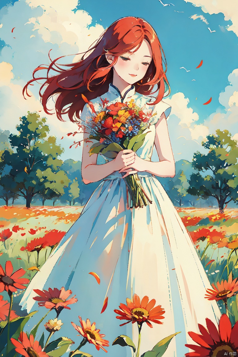  a girl with bright red hair, wearing a sundress and holding a bouquet of wildflowers, standing in a field of tall grass with a soft breeze blowing through, close up. BREAK, the scene should capture the whimsical and carefree style of Sakimichan, with a sense of peace and tranquility in the air., CGArt Illustrator, CJ painting, jijianchahua, (\ji jian\)