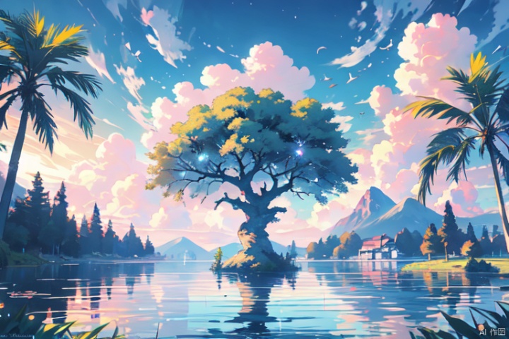  (Masterpiece: 1.2), Best Quality, PIXIV, Cozy Animation Scene, Landscape, No Man, Plant, Tree, Window, Sky, Sky, Sky, Building, Clouds, Sunlight, Watermark, Lake, Sparkling Lake, Island in the Center of Lake, Rainbow, Towering Tree, Tree, Forest,crater,The sea, the ocean,