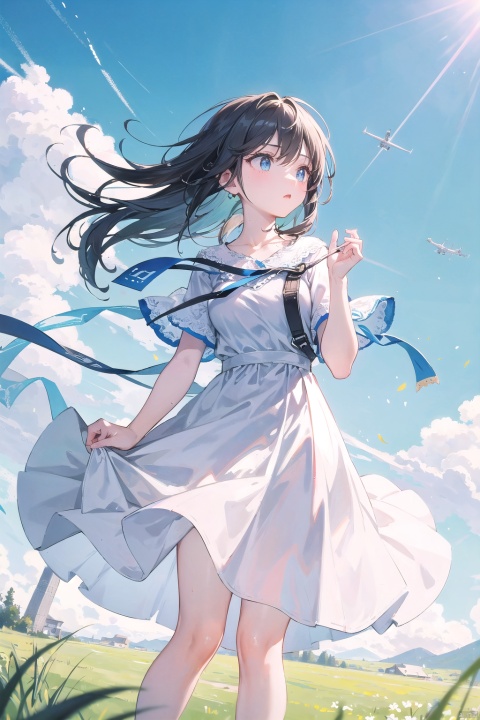  masterpiece,A girl in a flowing dress standing on a grassy field, looking up towards the sky. The scene captures her in a moment of wonder and awe as a plane flies overhead, leaving a trail of white against the blue sky. The girl's expression is one of curiosity and fascination, her eyes following the path of the plane with a sense of freedom and longing. The grass around her sways gently in the breeze, adding a sense of movement and life to the scene.