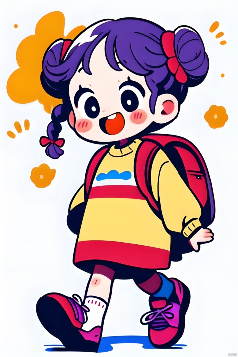 guchen, pencil style, chibi, 1girl, solo,, bow, bun, braid, smile, bag, open mouth, simple background, backpack, shoes, white background, red bow, blush, socks, walking, black eyes, full body, long sleeves, purple hair, trainers, white shoes and socks, white socks, jumper, colourful, purple eyes, large leaves