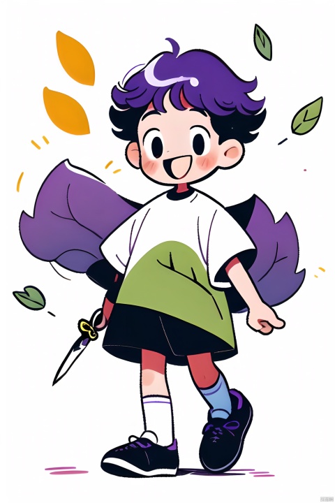 <Guchen,pencil style,a boy,smiling,kite,open mouth,simple background,carrying a weapon,long sword,shoes,white background,socks,black eyes,full body,long sleeves,purple hair,trainers,white shoes and socks,white socks,short sleeves,yellow eyes,large leaves,white complexion,guchen
