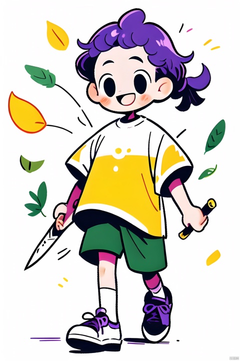 <Guchen,pencil style,a boy,smiling,kite,open mouth,simple background,carrying a weapon,long sword,shoes,white background,socks,black eyes,full body,long sleeves,purple hair,trainers,white shoes and socks,white socks,short sleeves,yellow eyes,large leaves,white complexion,guchen