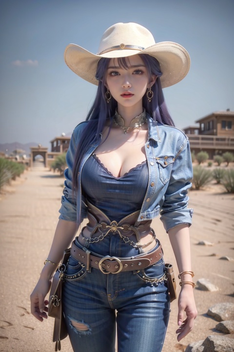 A girl, Big Boobs, belt, American Western architecture, Cowboy Hat, cowboy west, day, Denim, desert, dirty, hat, jacket, jeans, long hair, outdoors, pants, sky, solo, torn clothes, torn jeans, torn trousers, pistols at the waist, holsters, wangyushan
