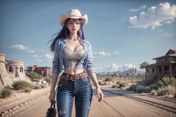  A girl, Big Boobs, belt, American Western architecture, Cowboy Hat, cowboy west, day, Denim, desert, dirty, hat, jacket, jeans, long hair, outdoors, pants, sky, solo, torn clothes, torn jeans, torn trousers, pistols at the waist, holsters, wangyushan