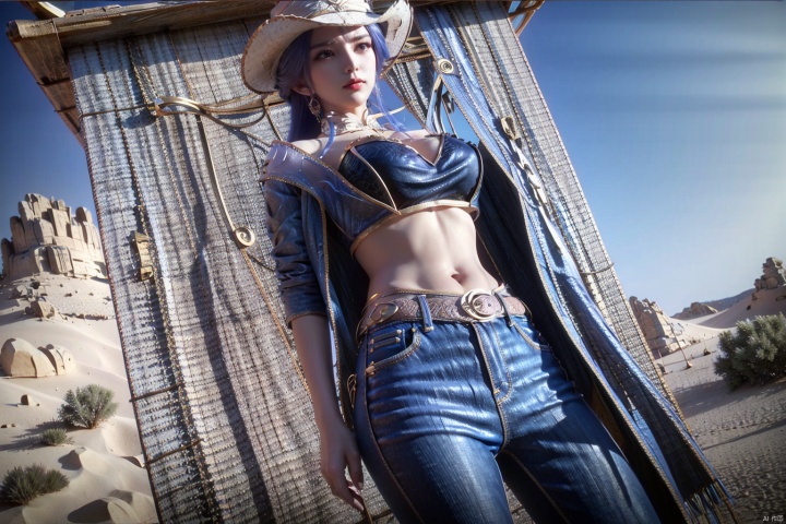  A girl, Big Boobs, belt, American Western architecture, Cowboy Hat, cowboy west, day, Denim, desert, dirty, hat, jacket, jeans, long hair, outdoors, pants, sky, solo, torn clothes, torn jeans, torn trousers, pistols at the waist, holsters,