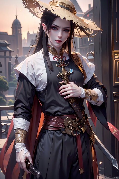  1girl,black hair,capelet,day,Bamboo hat,lips,Men's clothing,Touch the bamboo hat with the other hand,Black Hat,Sword hanging on the waist,Hanfu,looking at viewer,outdoors,Scabbard,sheathed,solo,standing