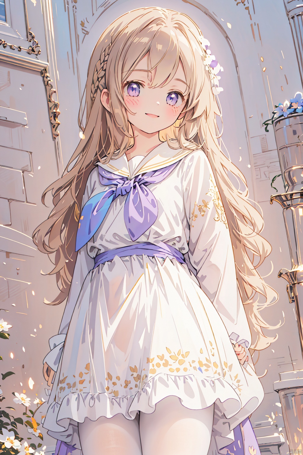  masterpiece, best quality, extremely detailed CG unity 8k wallpaper, ****_female,light_brown_hair,light_purple_eyes,long_hair,wavy hair,smile,sailor_dress,simple_background,(beautiful detailed face, beautiful detailed eyes),cowboy_shot,sleeves_past_fingers, white pantyhose