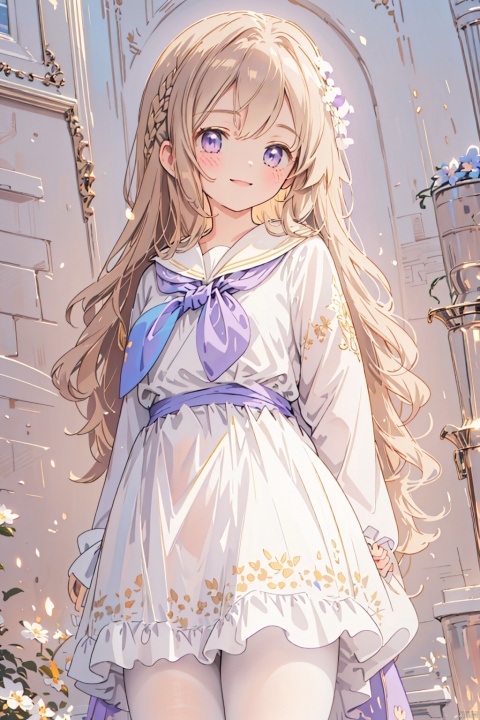  masterpiece, best quality, extremely detailed CG unity 8k wallpaper, sole_female,light_brown_hair,light_purple_eyes,long_hair,wavy hair,smile,sailor_dress,simple_background,(beautiful detailed face, beautiful detailed eyes),cowboy_shot,sleeves_past_fingers, white pantyhose