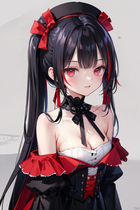  (masterpiece),(best quality),loli,1girl, solo,masterpiece, best quality, extremely detailed CG unity 8k wallpaper, lolita_fashion,hat ribbon,masterpiece, best quality, extremely detailed CG unity 8k wallpaper, sole_female, red eyes, (black hair),(((black)|red_hair)), ((red_streaked hair)), bangs, very long hair, ponytail, small breasts,(beautiful detailed face, beautiful detailed eyes),cafe,white-off-shoulder_dress,red eyes,smile,V字手