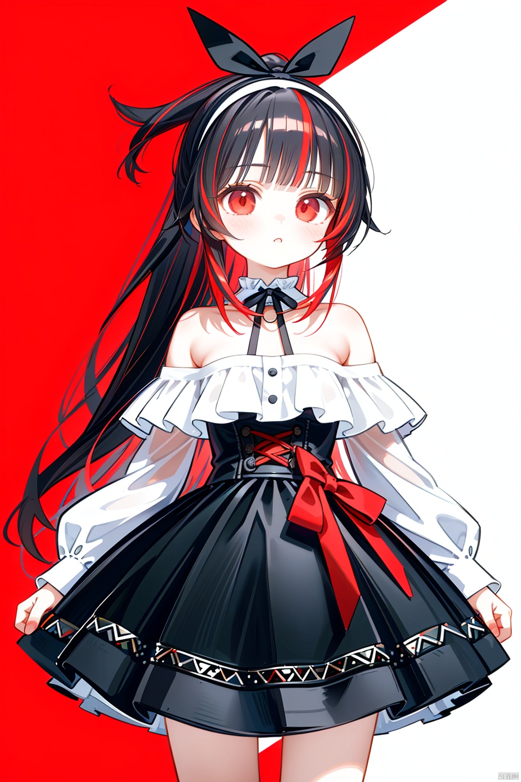  (masterpiece),(best quality),loli,1girl, solo,masterpiece, best quality, extremely detailed CG unity 8k wallpaper, lolita_fashion,lolita_hairband,masterpiece, best quality, extremely detailed CG unity 8k wallpaper, ****_female, red eyes, (black hair),(((black)|red_hair)), ((red_streaked hair)), bangs, very long hair, ponytail, small breasts,(beautiful detailed face, beautiful detailed eyes),cowboy_shot,,white-off-shoulder_dress,red eyes,knees_together_feet_apart,
