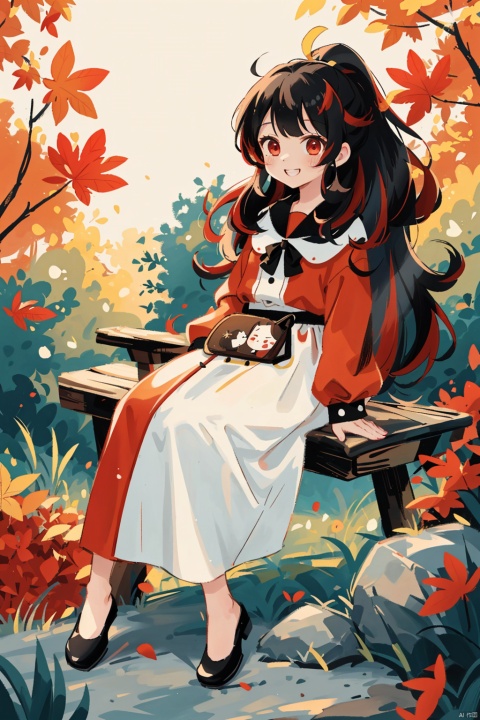  ((full body))masterpiece, best quality, extremely detailed CG unity 8k wallpaper, sole_female,
red eyes, (black hair), (((black)|red_hair)), ((red_streaked hair)), bangs, very long hair, ponytail, small breasts, (beautiful detailed face, beautiful detailed eyes),autumn_leaves,dress, white_clothes, beach, backlight, grin, smile, forests, mLD, mHD