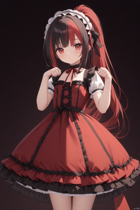  (masterpiece),(best quality),loli,1girl, solo,masterpiece, best quality, extremely detailed CG unity 8k wallpaper, paw pose,red_dress,lolita_fashion,lolita_hairband,masterpiece, best quality, extremely detailed CG unity 8k wallpaper, sole_female, red eyes, (black hair),(((black)|red_hair)), ((red_streaked hair)), bangs, very long hair, ponytail, small breasts,(beautiful detailed face, beautiful detailed eyes),cowboy_shot,basic_background
