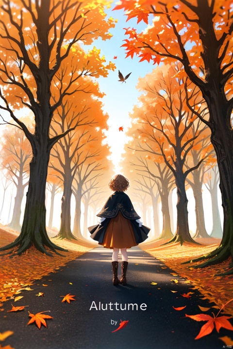 chinese_clothes, 1girl, solo, looking at viewer, sitting, boots, brown_hair, purple_eyes, glasses, short_hair, curly hair, full body, cowboy_shot, ((autumn, outdoors, day, forest, falling leaves, bird, leaf)), (fog, dyntall effect), (wide shot, panorama, full body, depth of field), (movie poster, english text), (Flagstone road, branches), cloak