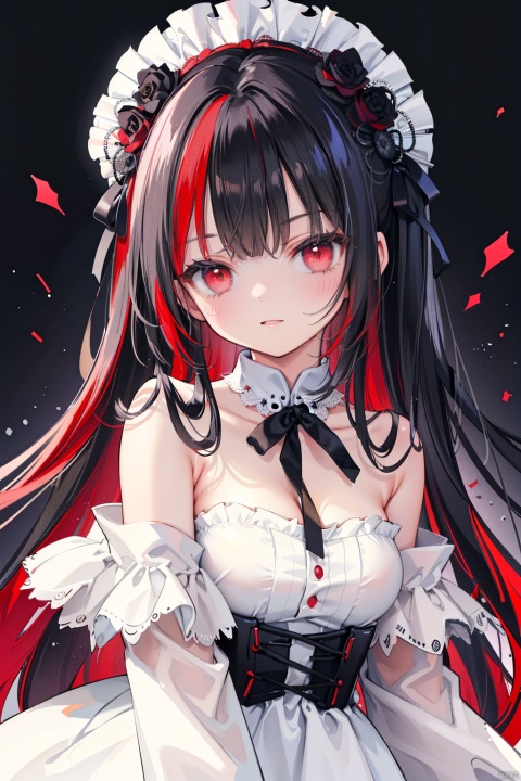  (masterpiece),(best quality),loli,1girl, solo,masterpiece, best quality, extremely detailed CG unity 8k wallpaper, lolita_fashion,hat ribbon,masterpiece, best quality, extremely detailed CG unity 8k wallpaper, sole_female, red eyes, (black hair),(((black)|red_hair)), ((red_streaked hair)), bangs, very long hair, ponytail, small breasts,(beautiful detailed face, beautiful detailed eyes),cafe,white-off-shoulder_dress,red eyes,smile,