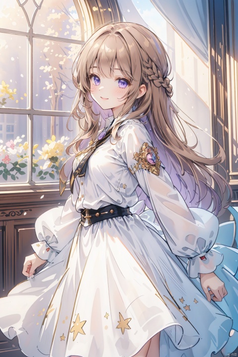  masterpiece, best quality, extremely detailed CG unity 8k wallpaper, dynamic pose,dynamic angle,sole_female,light_brown_hair,light_purple_eyes,long_hair,wavy hair,smile,black_clothes,(beautiful detailed face, beautiful detailed eyes),cowboy_shot,sleeves_past_fingers,tiny_breasts