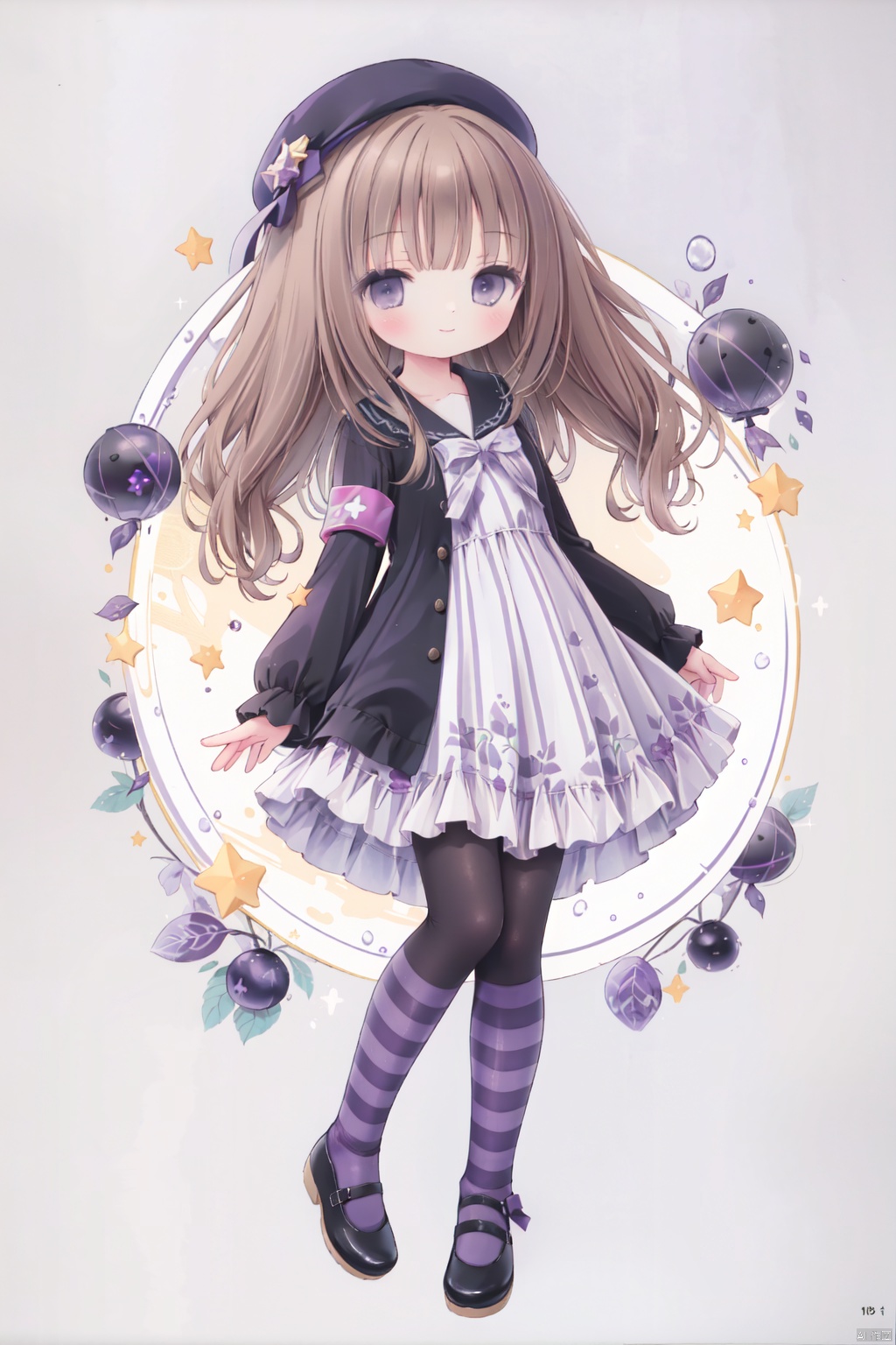  1girl, solo, one eye closed, blonde hair, dress, smile, hat, striped, shoes, striped dress, long sleeves, black dress, star \(symbol\), blush, underwear, black footwear, mary janes, bangs, looking at viewer, vertical-striped dress,pantyhose, closed mouth, armband, bloomers,(light brown hair:1.4),curly hair,(long_hair:1.5),(purple eyes:1.9), vertical stripes, black pantyhose, hand wave