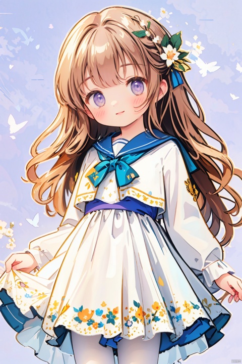  masterpiece, best quality, extremely detailed CG unity 8k wallpaper, sole_female,light_brown_hair,light_purple_eyes,long_hair,wavy hair,smile,sailor_dress,white_background,(beautiful detailed face, beautiful detailed eyes),cowboy_shot,sleeves_past_fingers, white pantyhose