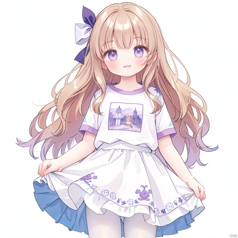  masterpiece, best quality, extremely detailed CG unity 8k wallpaper, sole_female,light_brown_hair,light_purple_eyes,long_hair,wavy hair,smile,skirt,t-shirt,white_background,(beautiful detailed face, beautiful detailed eyes),cowboy_shot,sleeves_past_fingers, white pantyhose
