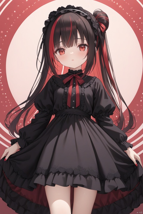  (masterpiece),(best quality),loli,1girl, solo,masterpiece, best quality, extremely detailed CG unity 8k wallpaper, lolita_fashion,lolita_hairband,masterpiece, best quality, extremely detailed CG unity 8k wallpaper, sole_female, red eyes, (black hair),(((black)|red_hair)), ((red_streaked hair)), bangs, very long hair, ponytail, small breasts,(beautiful detailed face, beautiful detailed eyes),cowboy_shot,basic_background