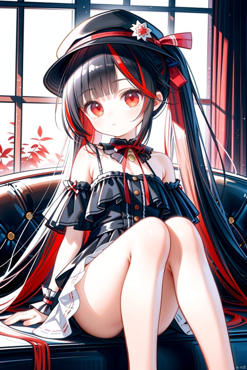 (masterpiece),(best quality),loli,1girl, solo,masterpiece, best quality, extremely detailed CG unity 8k wallpaper, lolita_fashion,hat ribbon,masterpiece, best quality, extremely detailed CG unity 8k wallpaper, sole_female, red eyes, (black hair),(((black)|red_hair)), ((red_streaked hair)), bangs, very long hair, ponytail, small breasts,(beautiful detailed face, beautiful detailed eyes),cafe,white-off-shoulder_dress,red eyes,knees_together_feet_apart,