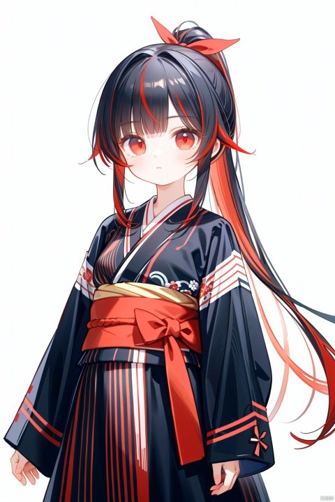  (masterpiece),(best quality),loli,1girl, solo,masterpiece, best quality, extremely detailed CG unity 8k wallpaper, cowboy_shot,kimono,masterpiece, best quality, extremely detailed CG unity 8k wallpaper, sole_female, red eyes, (black hair),(((black)|red_hair)), ((red_streaked hair)), bangs, very long hair, ponytail, small breasts,(beautiful detailed face, beautiful detailed eyes),