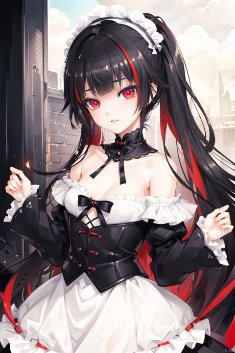  (masterpiece),(best quality),loli,1girl, solo,masterpiece, best quality, extremely detailed CG unity 8k wallpaper, lolita_fashion,hat ribbon,masterpiece, best quality, extremely detailed CG unity 8k wallpaper, sole_female, red eyes, (black hair),(((black)|red_hair)), ((red_streaked hair)), bangs, very long hair, ponytail, small breasts,(beautiful detailed face, beautiful detailed eyes),cafe,white-off-shoulder_dress,red eyes,smile