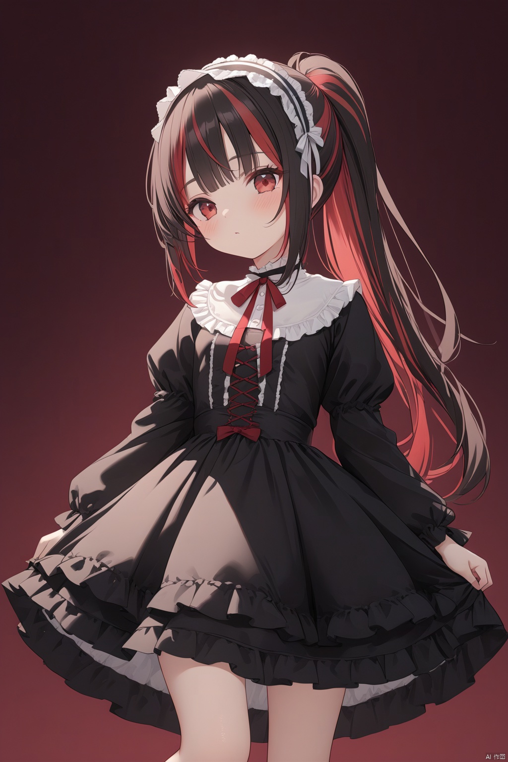  (masterpiece),(best quality),loli,1girl, solo,masterpiece, best quality, extremely detailed CG unity 8k wallpaper, lolita_fashion,lolita_hairband,masterpiece, best quality, extremely detailed CG unity 8k wallpaper, ****_female, red eyes, (black hair),(((black)|red_hair)), ((red_streaked hair)), bangs, very long hair, ponytail, small breasts,(beautiful detailed face, beautiful detailed eyes),cowboy_shot,basic_background