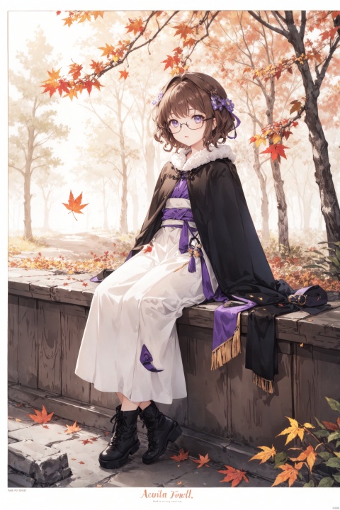  chinese_clothes,1girl, solo, looking at viewer, sitting,boots,brown_hair,purple_eyes,glasses,short_hair,curly hair,full body,cowboy_shot, ((autumn, outdoors, day, forest, falling leaves, bird, leaf)), (fog, dyntall effect), (wide shot, panorama, full body, depth of field),(movie poster,english text),(Flagstone road,branches), cloak