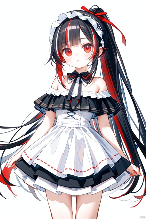  (masterpiece),(best quality),loli,1girl, solo,masterpiece, best quality, extremely detailed CG unity 8k wallpaper, lolita_fashion,lolita_hairband,masterpiece, best quality, extremely detailed CG unity 8k wallpaper, sole_female, red eyes, (black hair),(((black)|red_hair)), ((red_streaked hair)), bangs, very long hair, ponytail, small breasts,(beautiful detailed face, beautiful detailed eyes),cowboy_shot,,white-off-shoulder_dress,red eyes,knees_together_feet_apart,