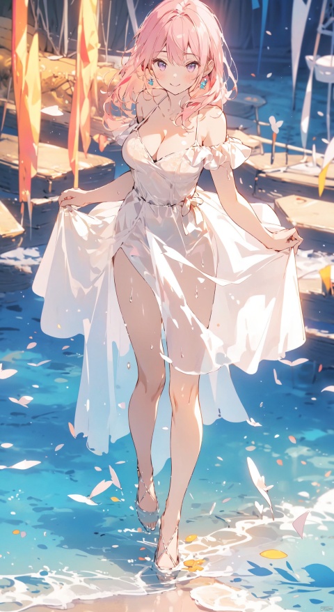  masterpiece, best quality,1girl,full_body, jewelry, breasts, off_shoulder, solo, (pink hair:1.25),bangs,looking_at_viewer, bare_shoulders, bangs, large_breasts,outdoor, smile, cozy animation scenes,dynamic pose,MG tian, cozy anime, bichu,white pantyhose,